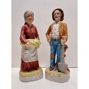 Vintage Flambro Porcelain Figurines Elderly Couple Old Man & Old Woman Farmers